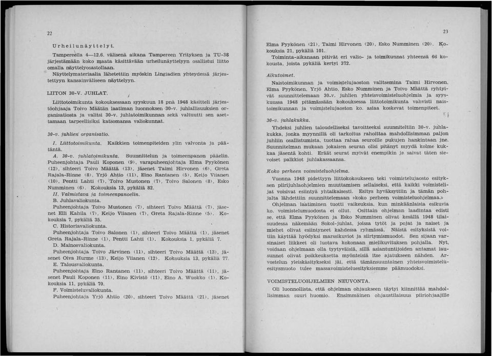 I Liittotoimikunta kokouksessaan syyskuun 18 pnä 1948 käsitteli järjestöohjaaja Toivo Määtän laatiman luonnoksen 30-v. juhlallisuuksien 01' ganisatiosta ja valitsi 30-v.