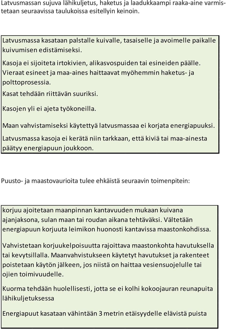 Vieraat esineet ja maa-aines haittaavat myöhemmin haketus- ja polttoprosessia. Kasat tehdään riittävän suuriksi. Kasojen yli ei ajeta työkoneilla.