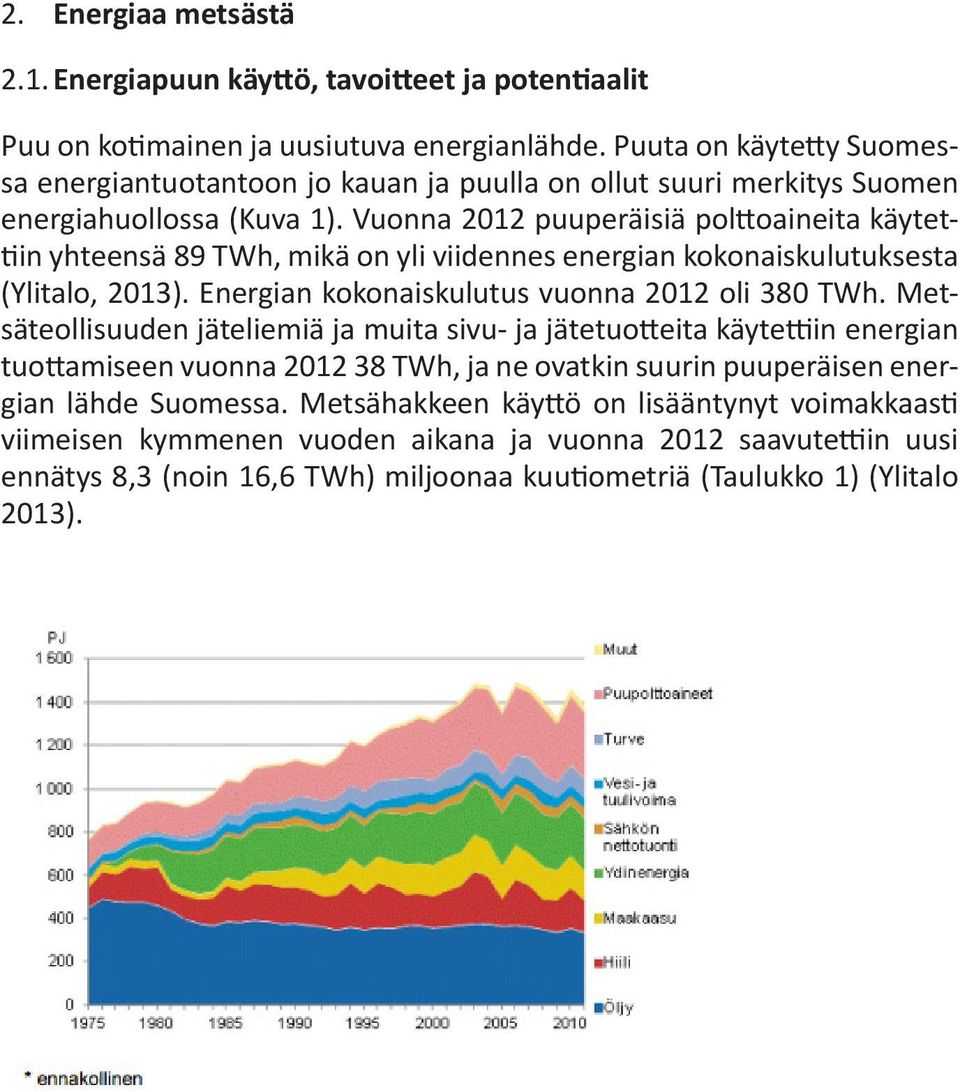 Vuonna 2012 puuperäisiä polttoaineita käytettiin yhteensä 89 TWh, mikä on yli viidennes energian kokonaiskulutuksesta (Ylitalo, 2013). Energian kokonaiskulutus vuonna 2012 oli 380 TWh.