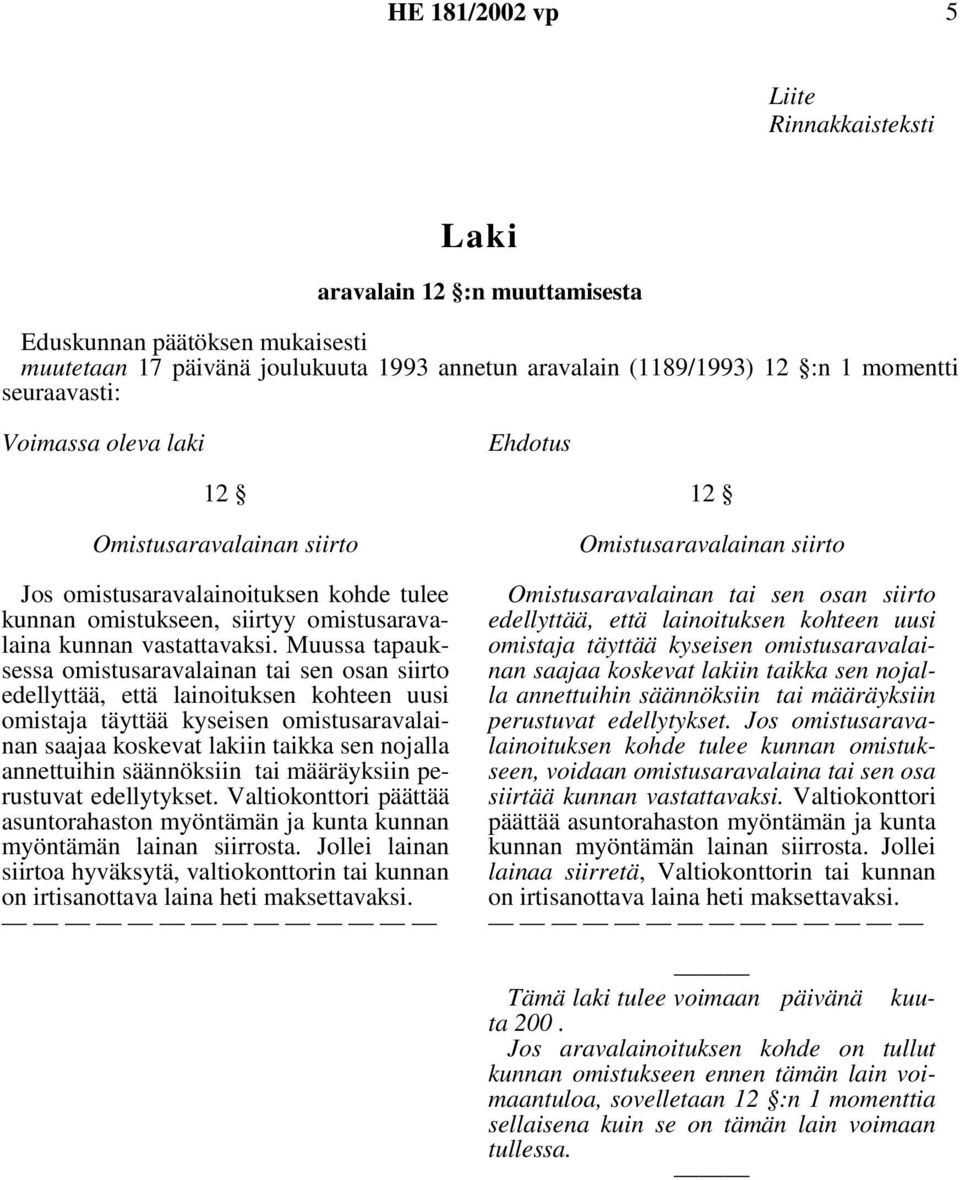 Muussa tapauksessa omistusaravalainan tai sen osan siirto edellyttää, että lainoituksen kohteen uusi omistaja täyttää kyseisen omistusaravalainan saajaa koskevat lakiin taikka sen nojalla annettuihin