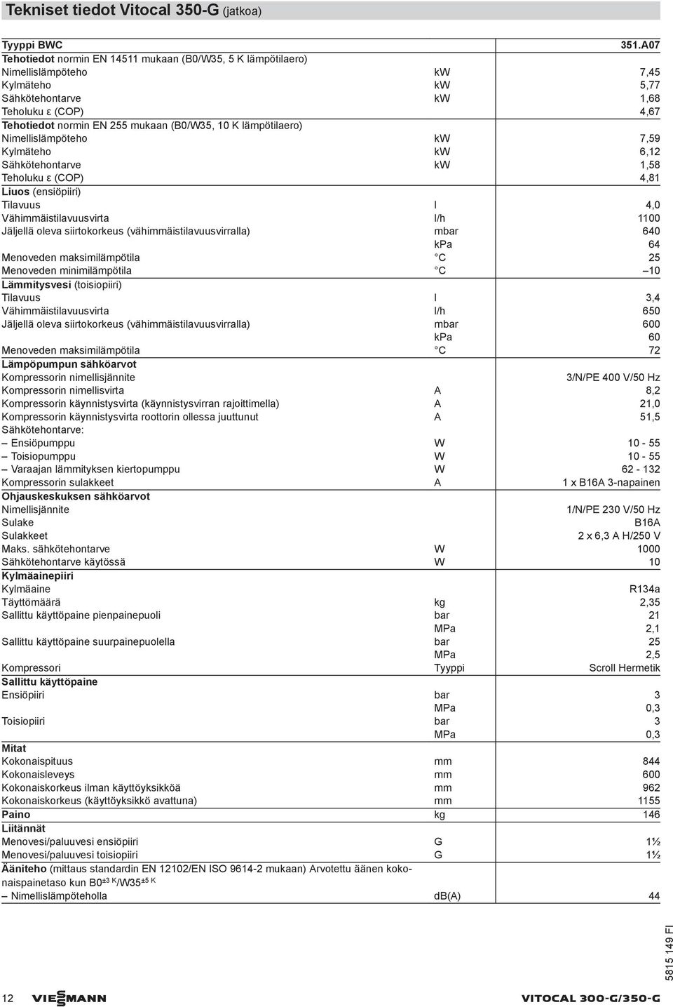 K lämpötilaero) Nimellislämpöteho kw 7,59 Kylmäteho kw 6,12 Sähkötehontarve kw 1,58 Teholuku ε (COP) 4,81 Liuos (ensiöpiiri) Tilavuus l 4,0 Vähimmäistilavuusvirta l/h 1100 Jäljellä oleva