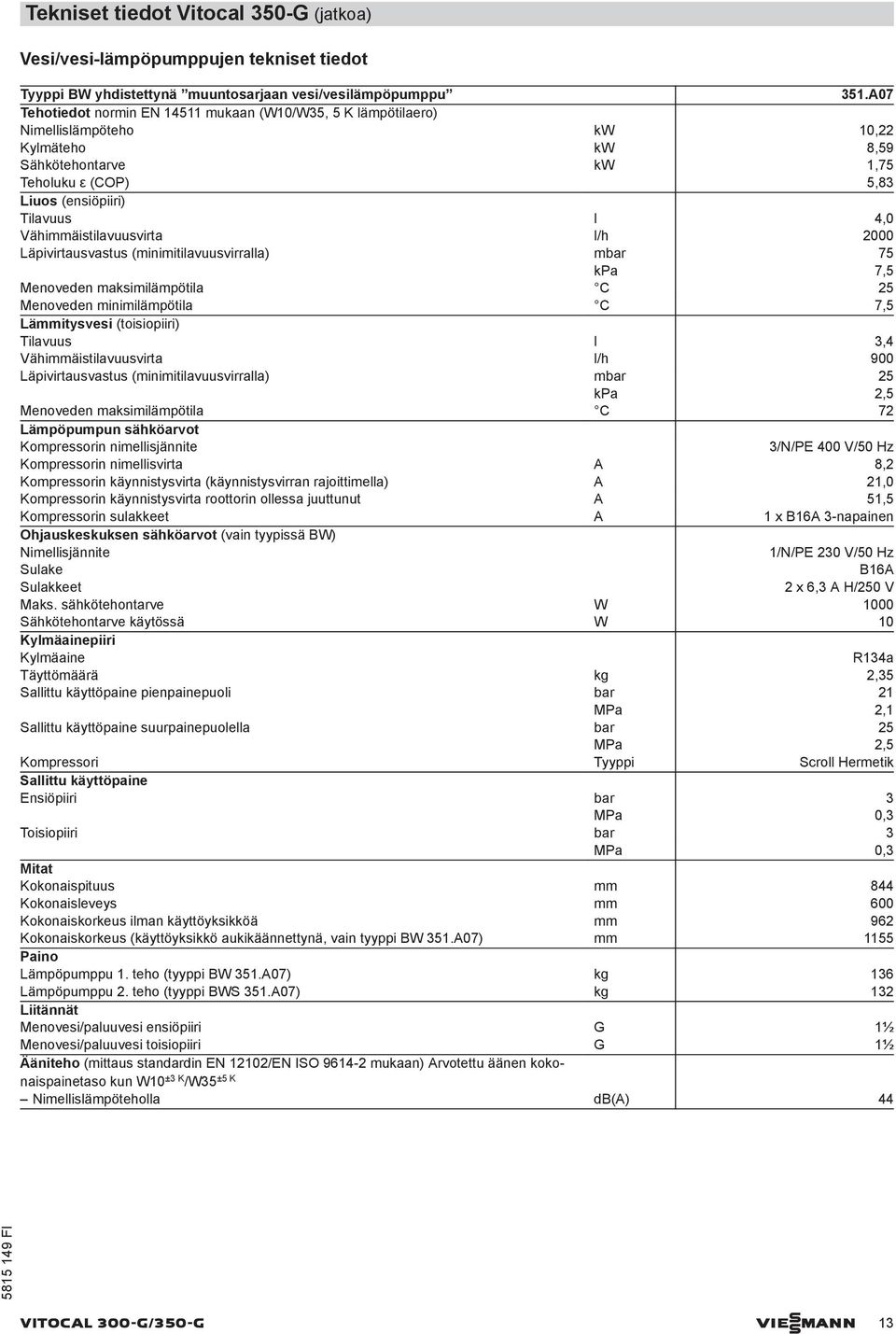 Vähimmäistilavuusvirta l/h 2000 Läpivirtausvastus (minimitilavuusvirralla) mbar 75 kpa 7,5 Menoveden maksimilämpötila C 25 Menoveden minimilämpötila C 7,5 Lämmitysvesi (toisiopiiri) Tilavuus l 3,4