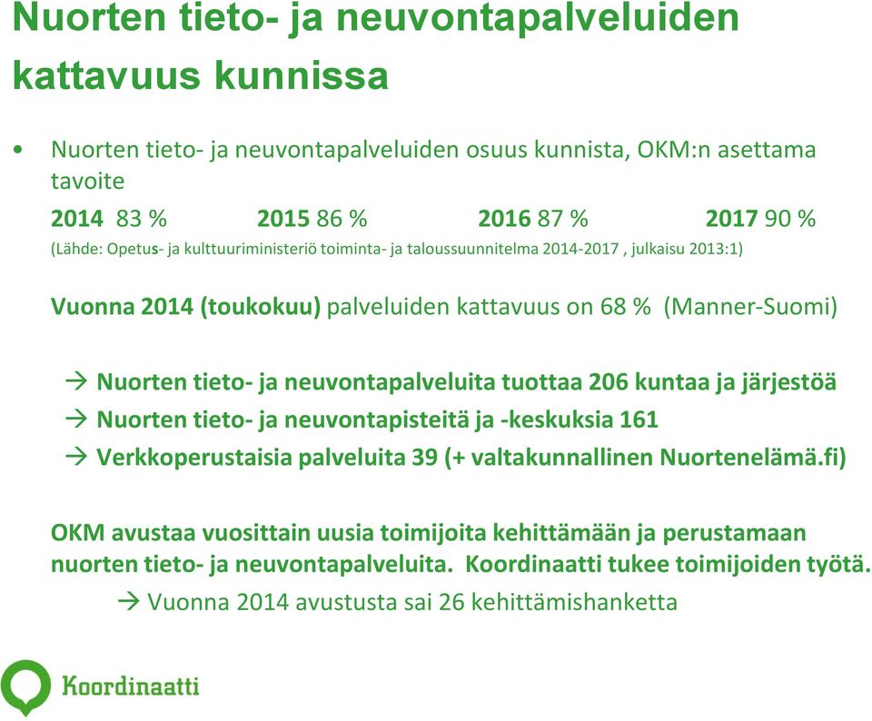 ja neuvontapalveluita tuottaa 206 kuntaa ja järjestöä Nuorten tieto- ja neuvontapisteitä ja -keskuksia 161 Verkkoperustaisia palveluita 39 (+ valtakunnallinen Nuortenelämä.