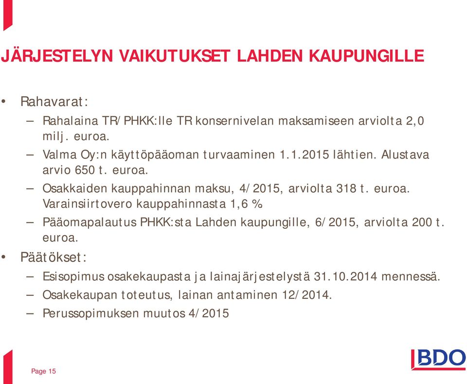euroa. Varainsiirtovero kauppahinnasta 1,6 %. Pääomapalautus PHKK:sta Lahden kaupungille, 6/2015, arviolta 200 t. euroa.