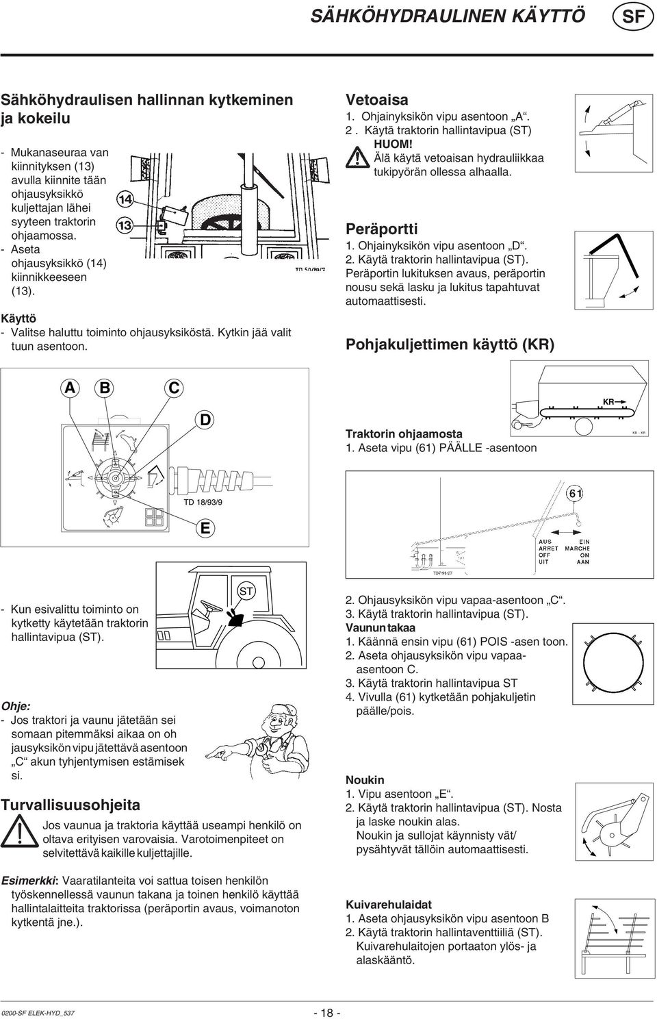 Käytä traktorin hallintavipua (ST) HUOM! Älä käytä vetoaisan hydrauliikkaa tukipyörän ollessa alhaalla. Peräportti 1. Ohjainyksikön vipu asentoon D. 2. Käytä traktorin hallintavipua (ST).