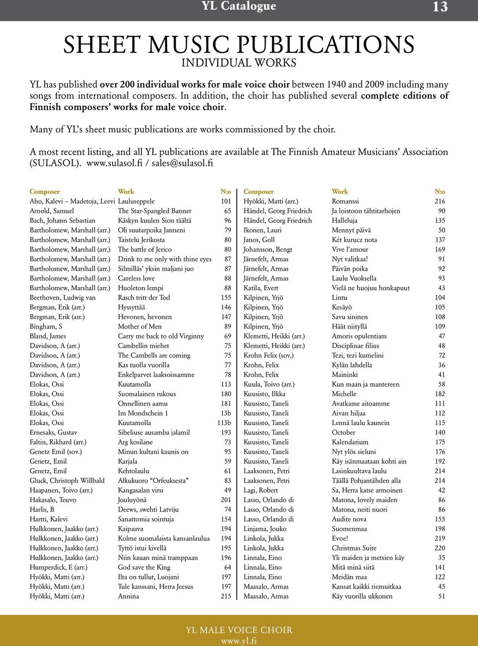 A most recent listing, and all YL publications are available at The Finnish Amateur Musicians Association (SULASOL). www.sulasol.fi / sales@sulasol.