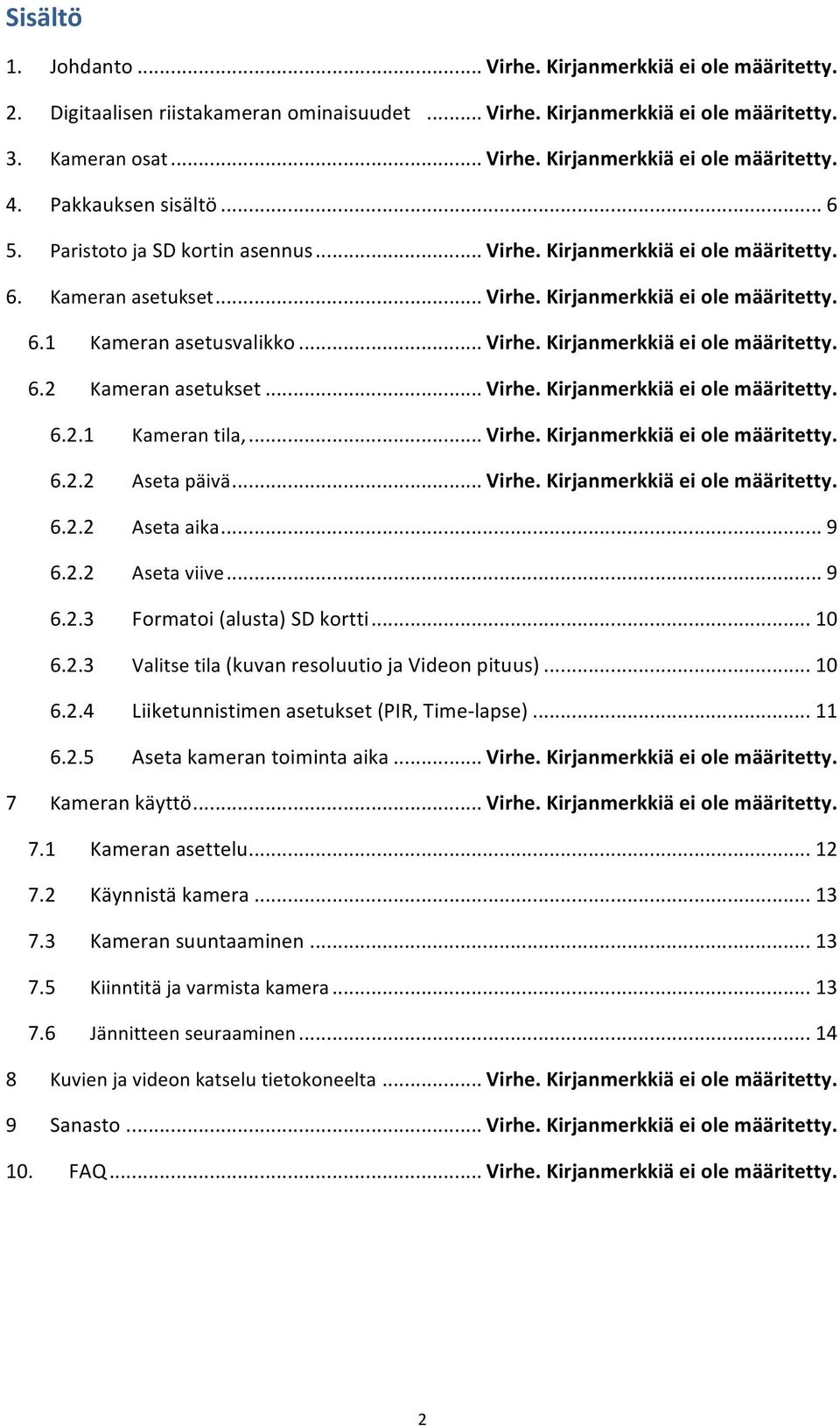 .. Virhe. Kirjanmerkkiä ei ole määritetty. 6.2.1 Kameran tila,... Virhe. Kirjanmerkkiä ei ole määritetty. 6.2.2 Aseta päivä... Virhe. Kirjanmerkkiä ei ole määritetty. 6.2.2 Aseta aika... 9 6.2.2 Aseta viive.