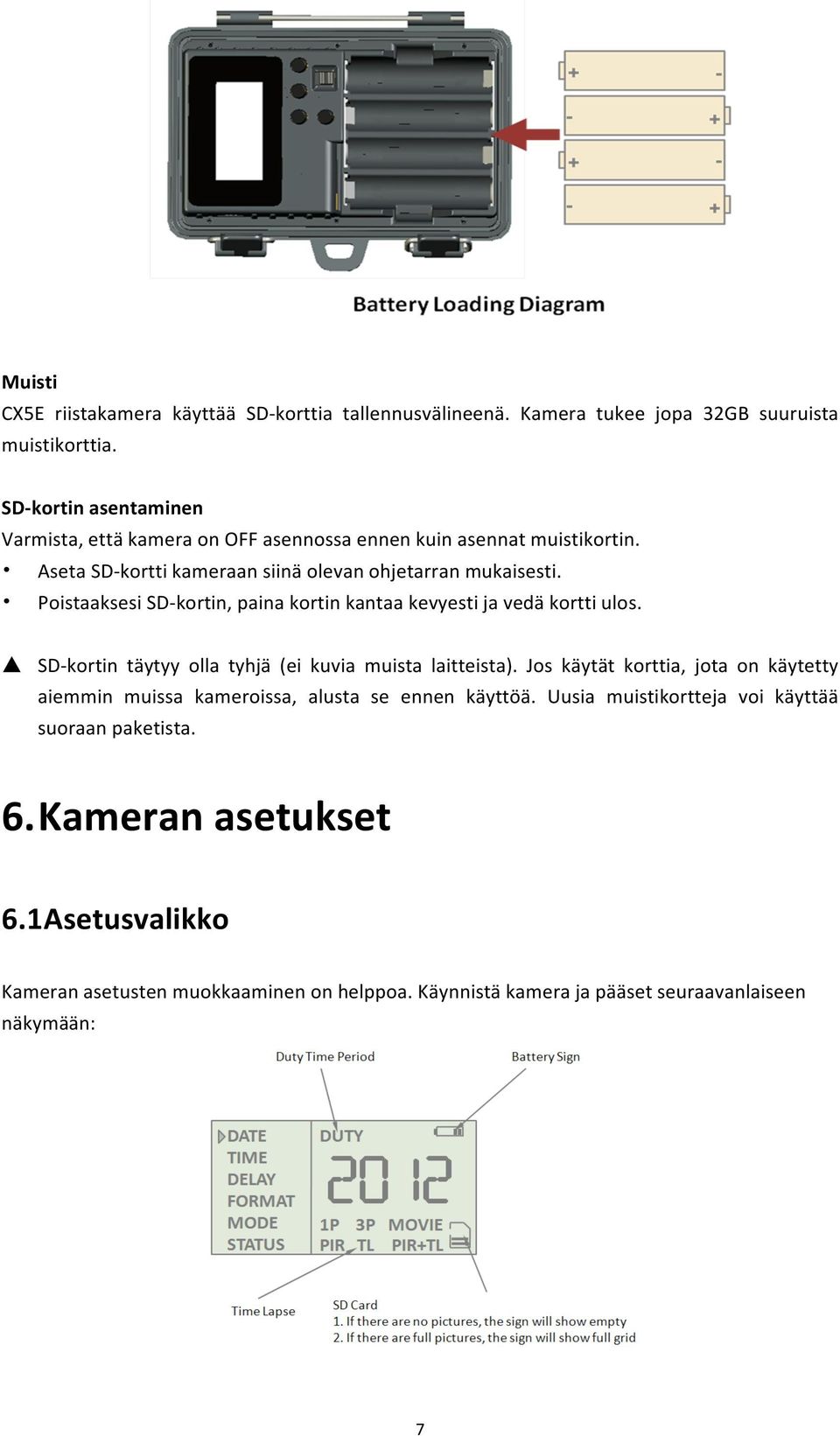 Poistaaksesi SD- kortin, paina kortin kantaa kevyesti ja vedä kortti ulos. SD- kortin täytyy olla tyhjä (ei kuvia muista laitteista).