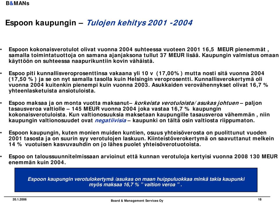 Espoo piti kunnallisveroprosenttinsa vakaana yli 10 v (17,00%) mutta nosti sitä vuonna 2004 (17,50 %) ja se on nyt samalla tasolla kuin Helsingin veroprosentti.