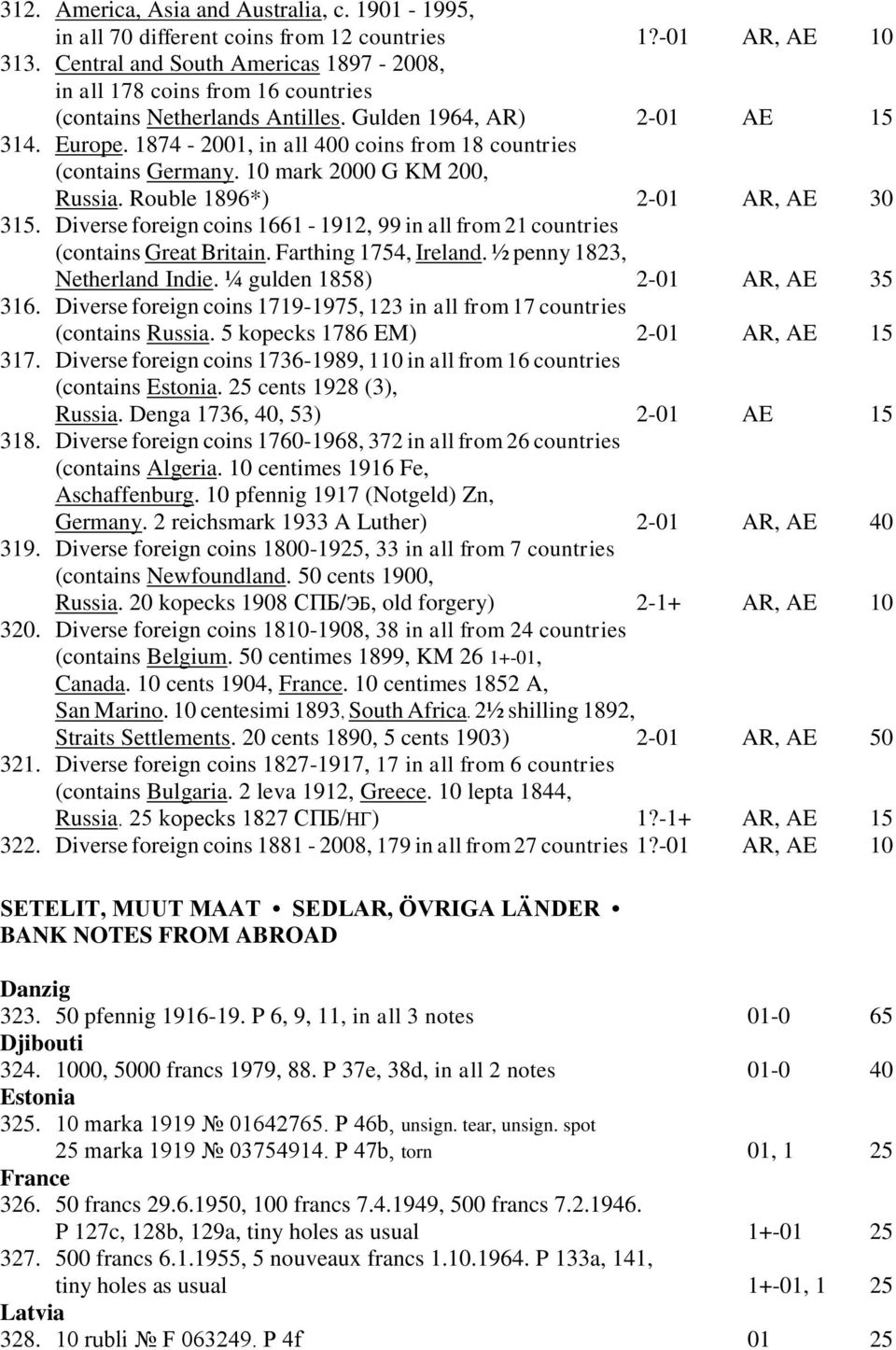 1874-2001, in all 400 coins from 18 countries (contains Germany. 10 mark 2000 G KM 200, Russia. Rouble 1896*) 2-01 AR, AE 30 315.