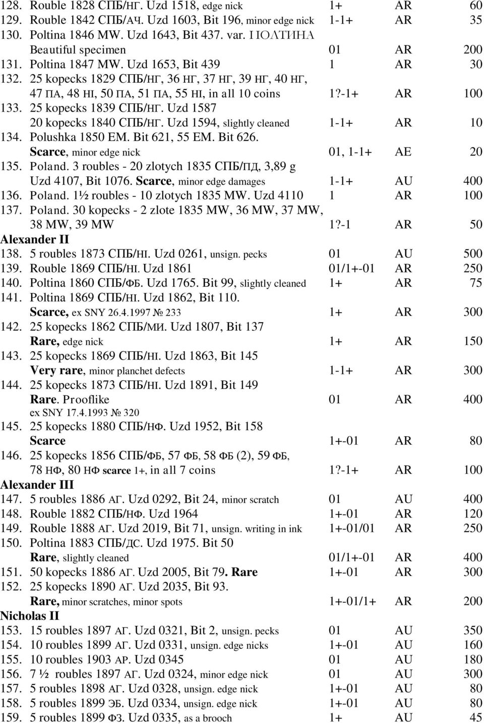 -1+ AR 100 133. 25 kopecks 1839 СПБ/НГ. Uzd 1587 20 kopecks 1840 СПБ/НГ. Uzd 1594, slightly cleaned 1-1+ AR 10 134. Polushka 1850 EM. Bit 621, 55 EM. Bit 626.