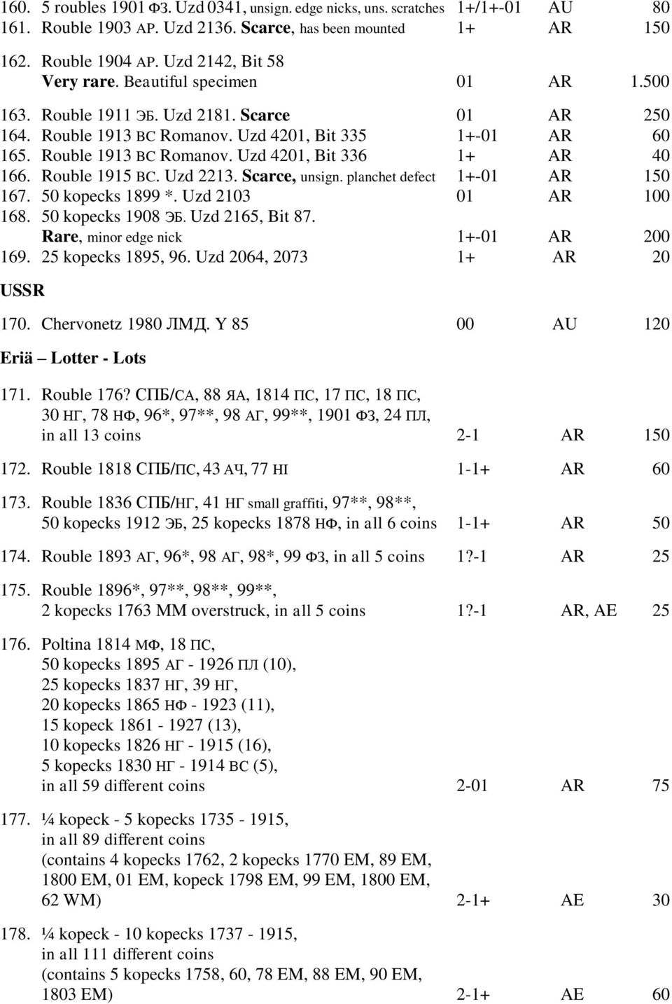 Rouble 1915 BC. Uzd 2213. Scarce, unsign. planchet defect 1+-01 AR 150 167. 50 kopecks 1899 *. Uzd 2103 01 AR 100 168. 50 kopecks 1908 ЭБ. Uzd 2165, Bit 87. Rare, minor edge nick 1+-01 AR 200 169.