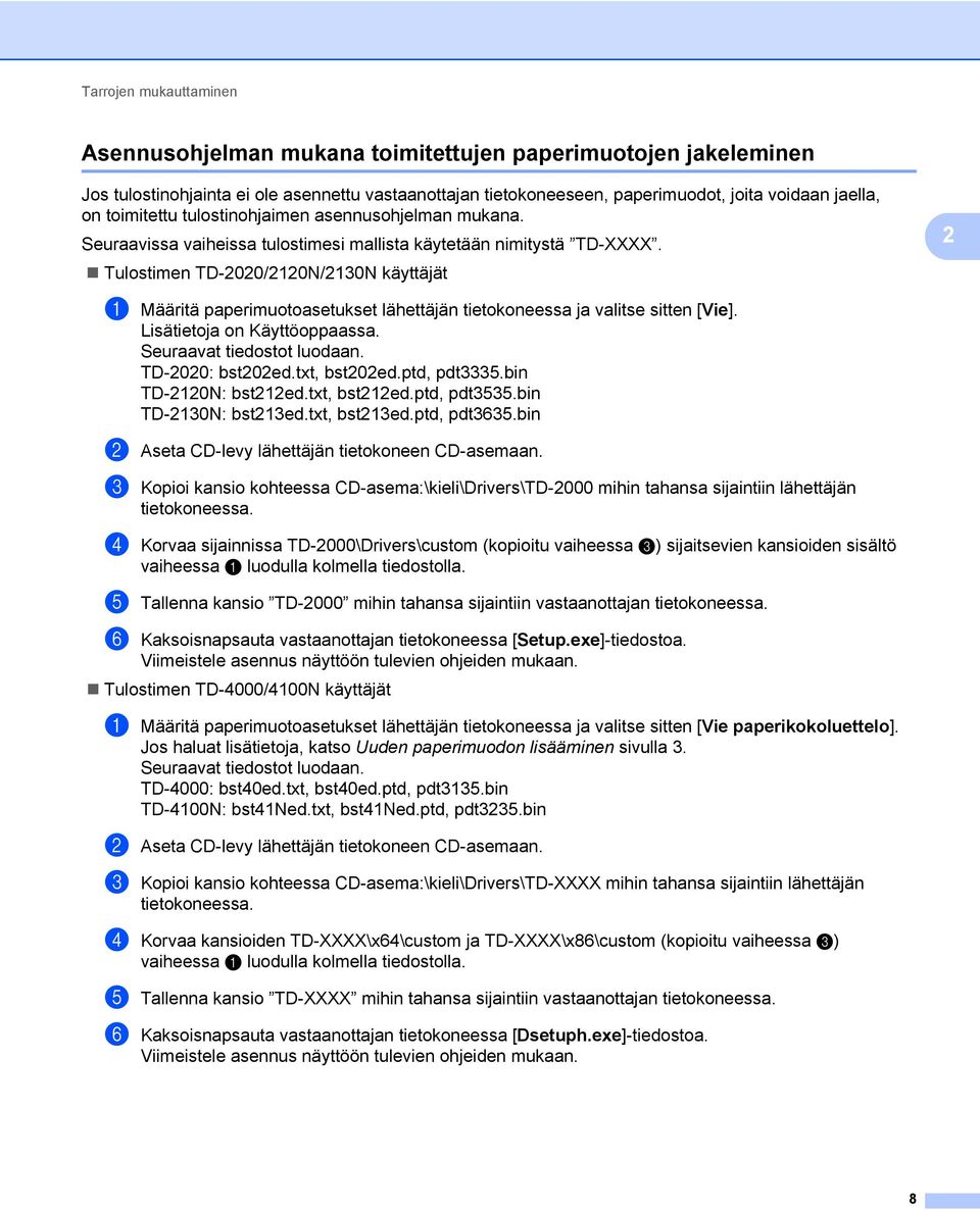 Tulostimen TD-2020/2120N/2130N käyttäjät 2 a Määritä paperimuotoasetukset lähettäjän tietokoneessa ja valitse sitten [Vie]. Lisätietoja on Käyttöoppaassa. Seuraavat tiedostot luodaan.