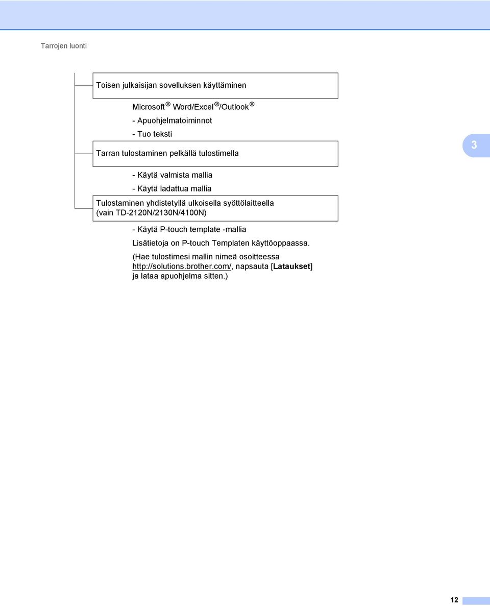 ulkoisella syöttölaitteella (vain TD-2120N/2130N/4100N) - Käytä P-touch template -mallia Lisätietoja on P-touch Templaten