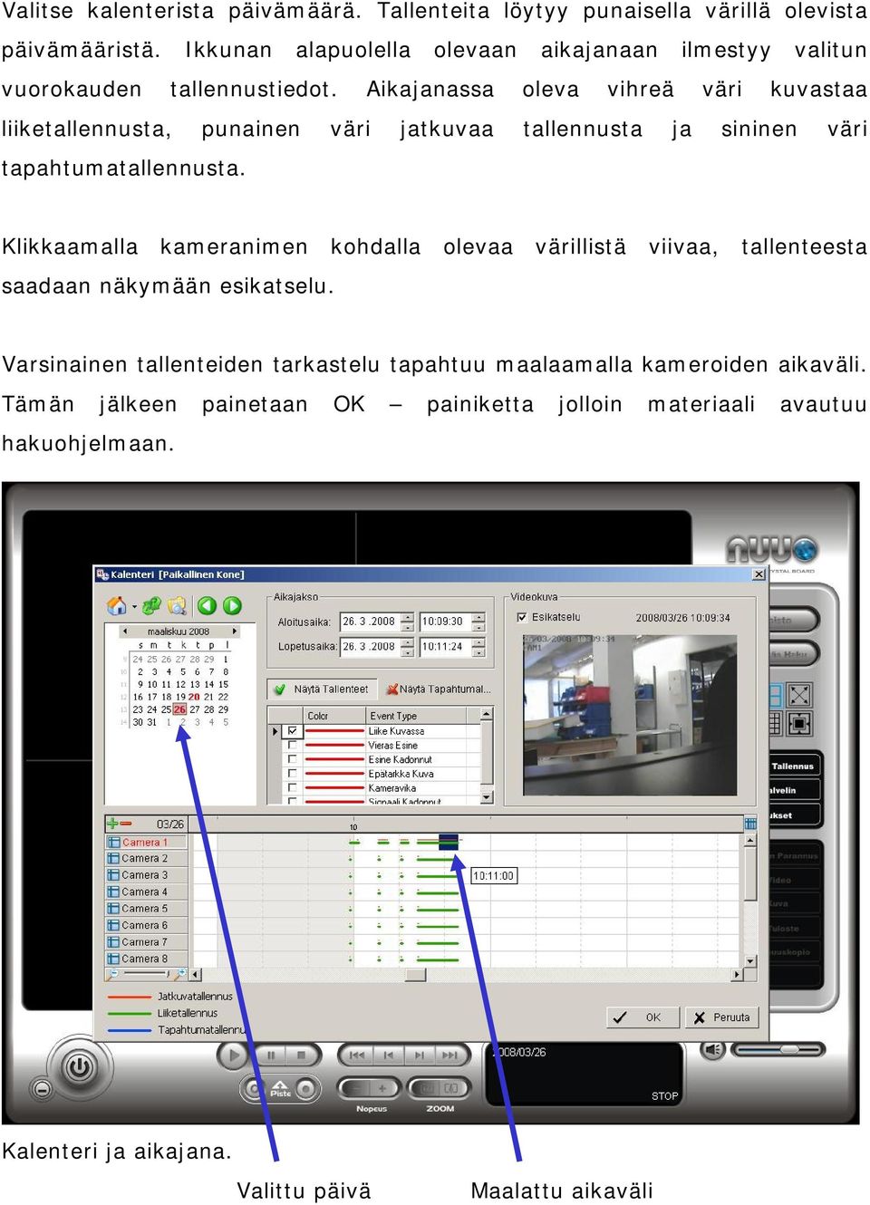 Aikajanassa oleva vihreä väri kuvastaa liiketallennusta, punainen väri jatkuvaa tallennusta ja sininen väri tapahtumatallennusta.