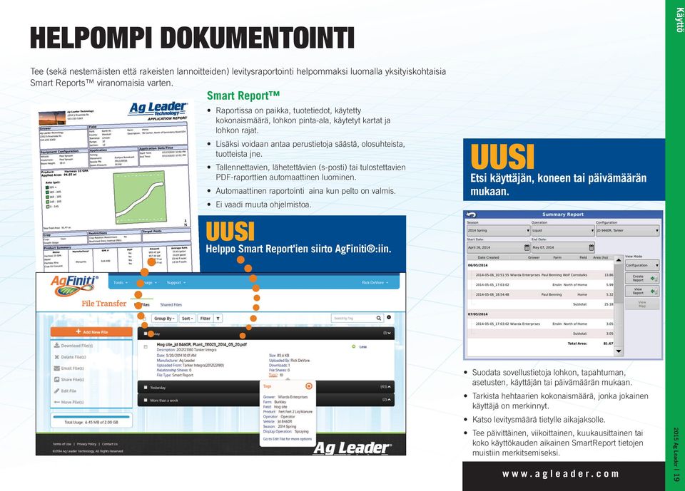 Tallennettavien, lähetettävien (s-posti) tai tulostettavien PDF-raporttien automaattinen luominen. Automaattinen raportointi aina kun pelto on valmis. Ei vaadi muuta ohjelmistoa.