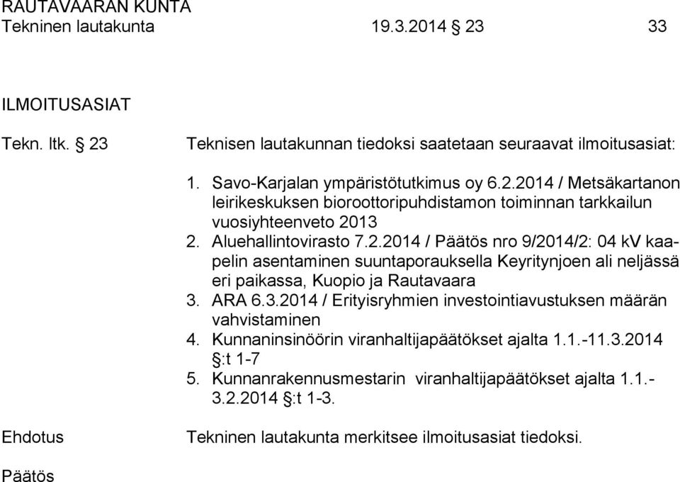 ARA 6.3.2014 / Erityisryhmien investointiavustuksen määrän vahvistaminen 4. Kunnaninsinöörin viranhaltijapäätökset ajalta 1.1.-11.3.2014 :t 1-7 5.