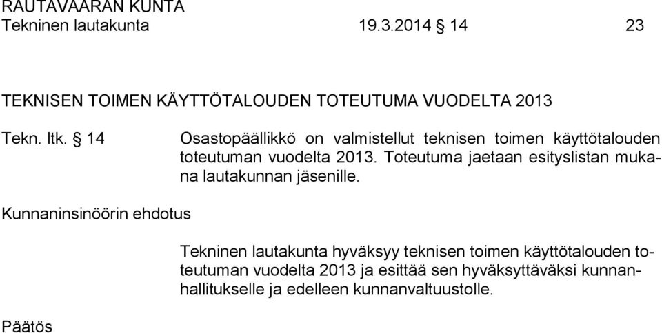 Toteutuma jaetaan esityslistan mukana lautakunnan jäsenille.