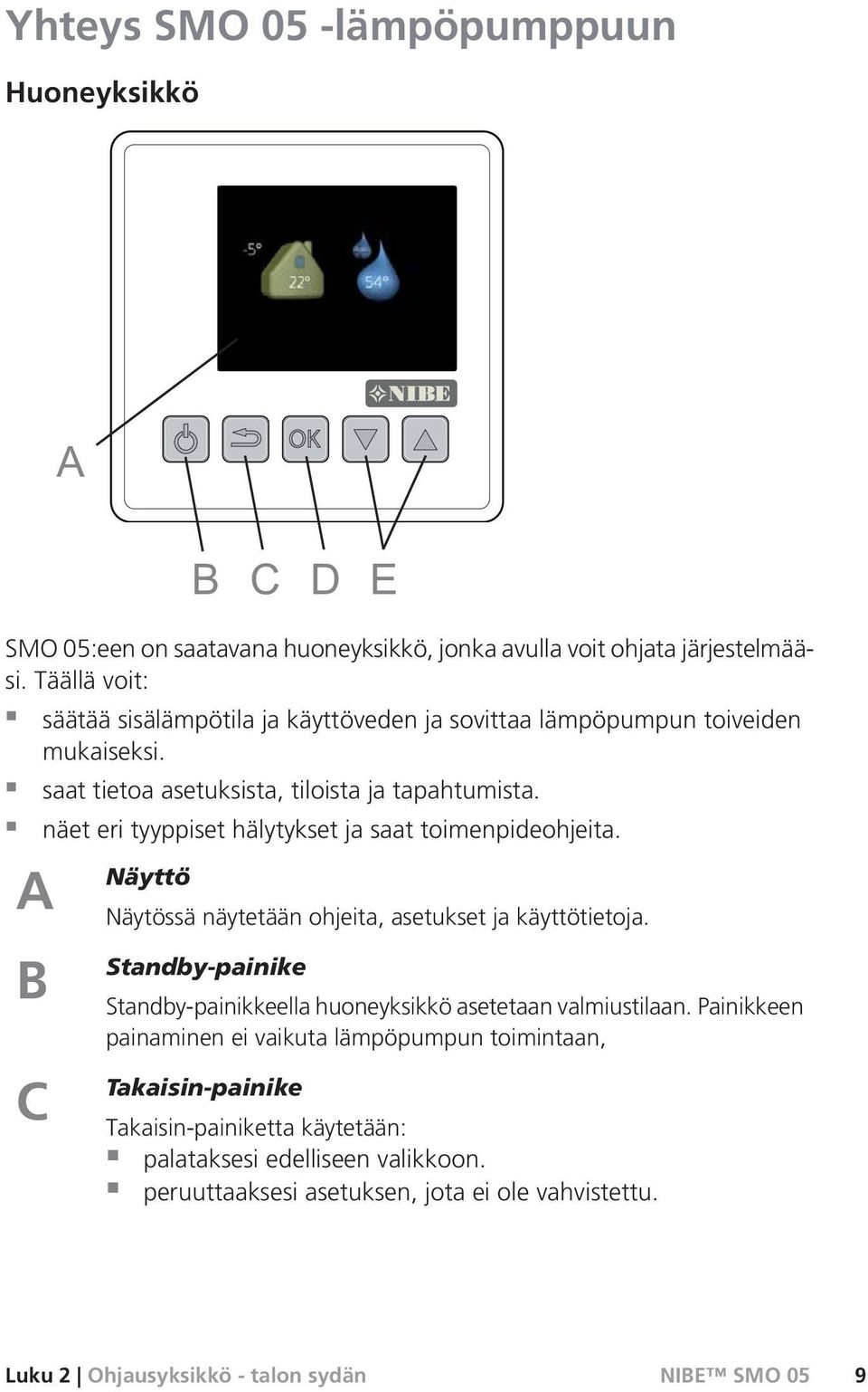 näet eri tyyppiset hälytykset ja saat toimenpideohjeita. A B C Näyttö Näytössä näytetään ohjeita, asetukset ja käyttötietoja.