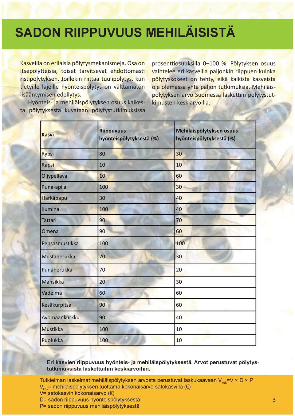 Hyönteis- ja mehiläispölytyksen osuus kaikesta pölytyksestä kuvataan pölytystutkimuksissa prosenttiosuuksilla 0 100 %.