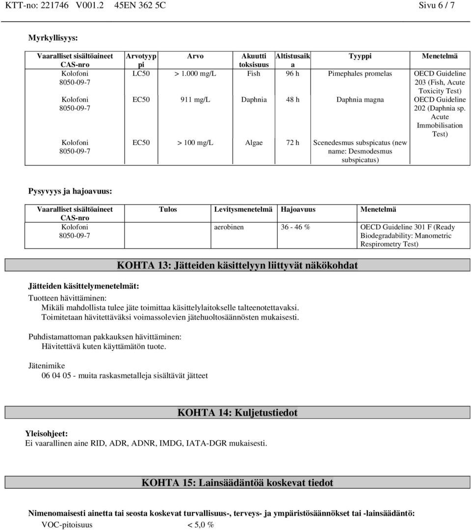 Acute Immobilisation Test) EC50 > 100 mg/l Algae 72 h Scenedesmus subspicatus (new name: Desmodesmus subspicatus) Pysyvyys ja hajoavuus: Tulos Levitysmenetelmä Hajoavuus Menetelmä aerobinen 36-46 %