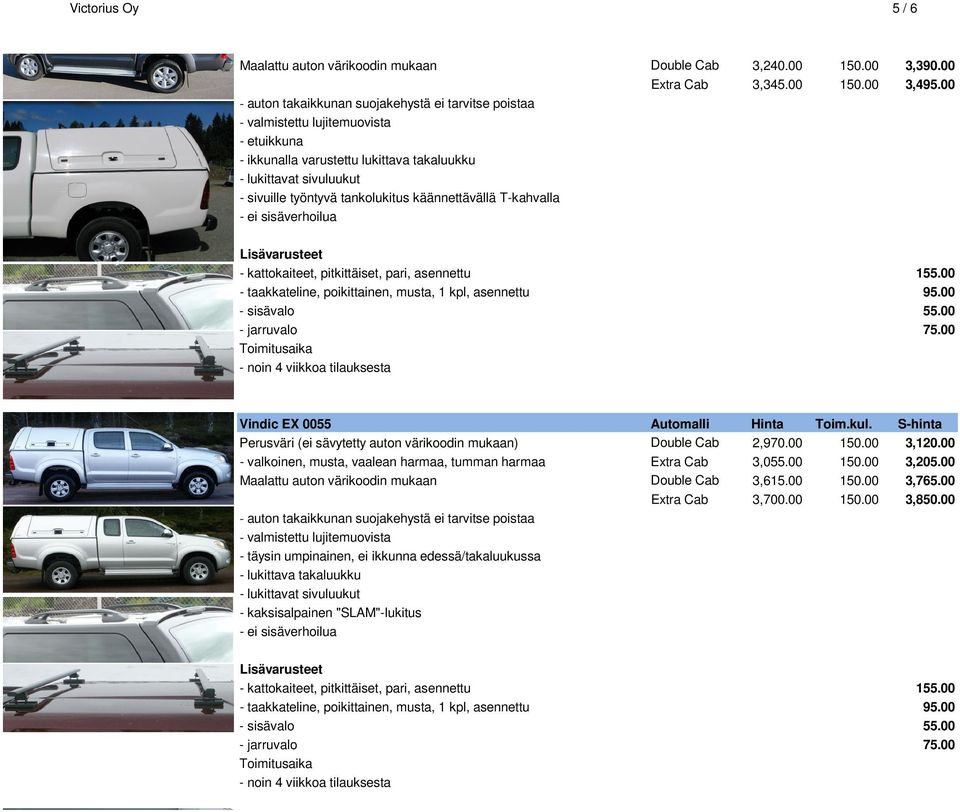 00 - valkoinen, musta, vaalean harmaa, tumman harmaa Extra Cab 3,055.00 150.00 3,205.00 Maalattu auton värikoodin mukaan Double Cab 3,615.00 150.00 3,765.