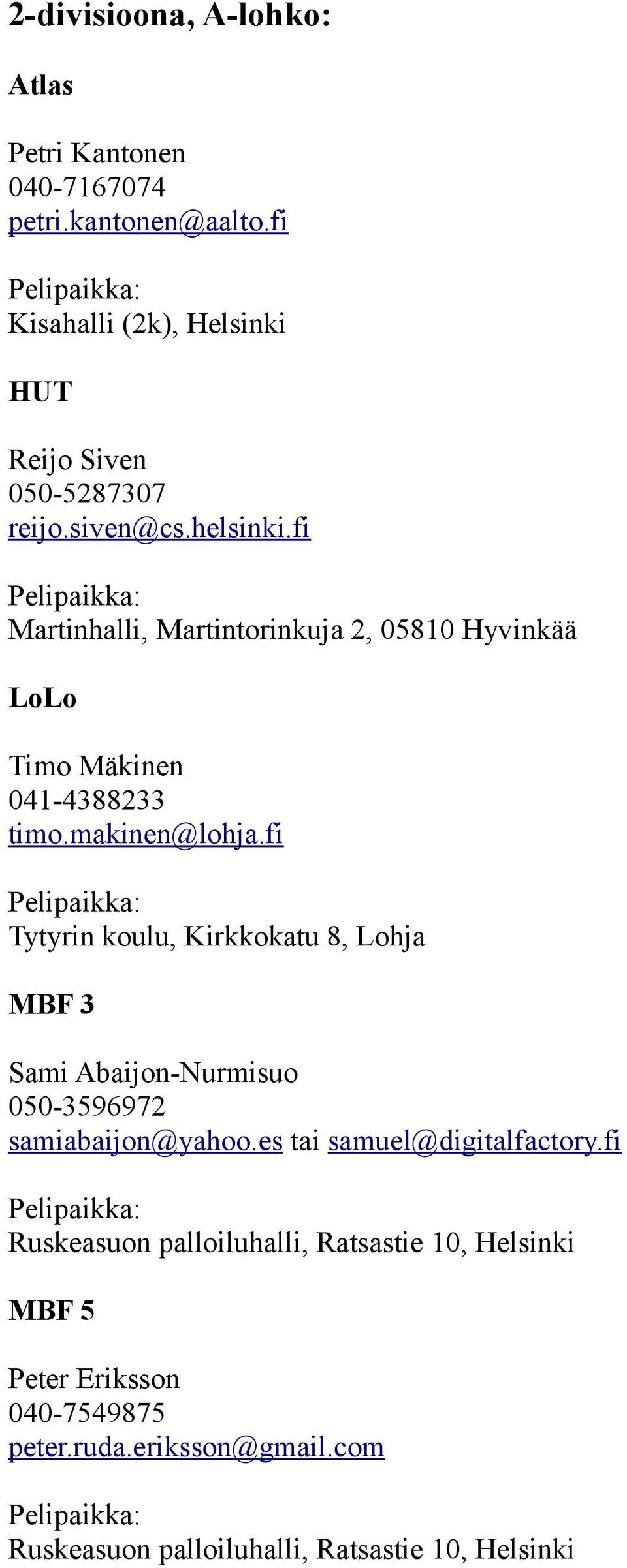 fi Martinhalli, Martintorinkuja 2, 05810 Hyvinkää LoLo Timo Mäkinen 041-4388233 timo.makinen@lohja.