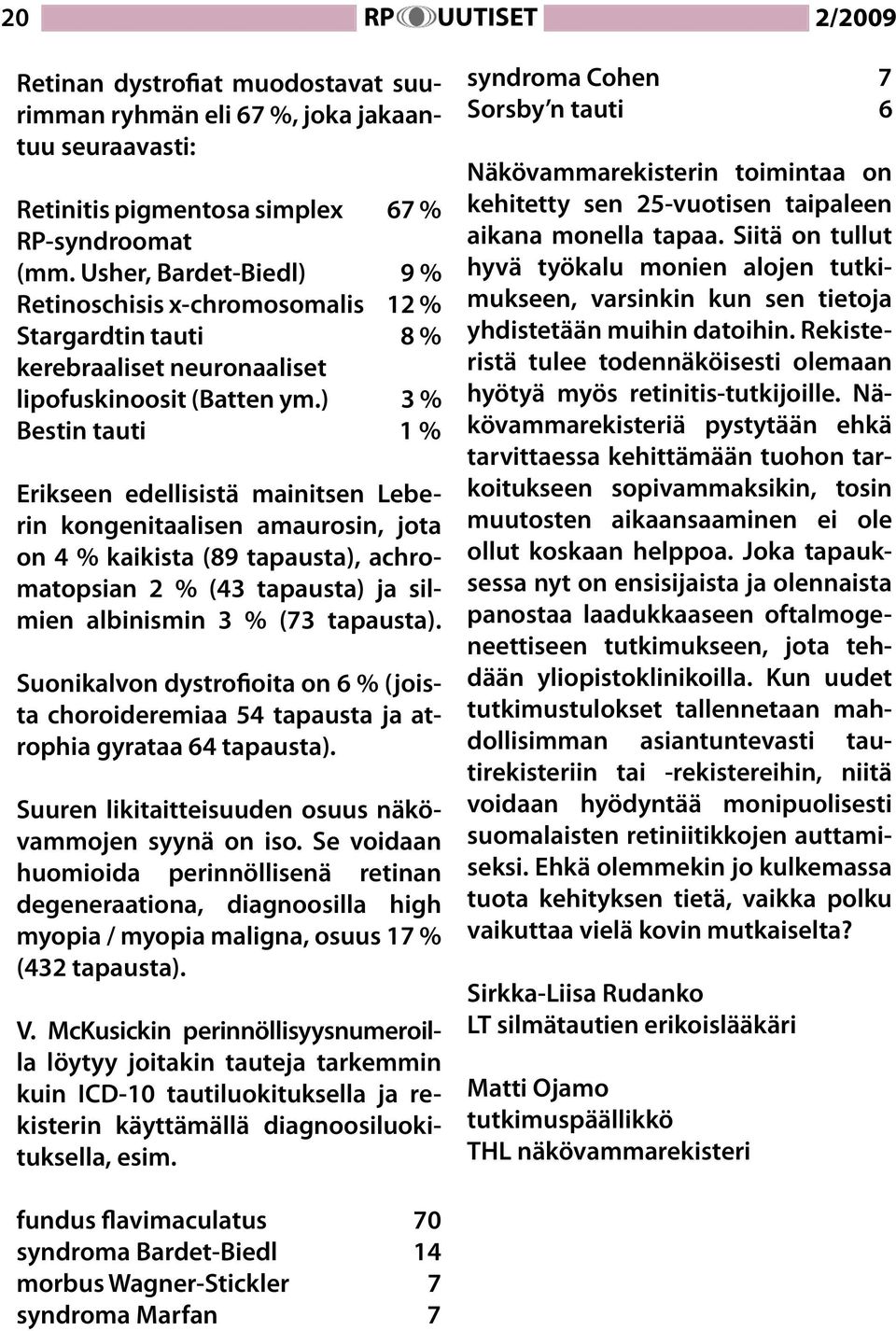 ) 3 % Bestin tauti 1 % Erikseen edellisistä mainitsen Leberin kongenitaalisen amaurosin, jota on 4 % kaikista (89 tapausta), achromatopsian 2 % (43 tapausta) ja silmien albinismin 3 % (73 tapausta).