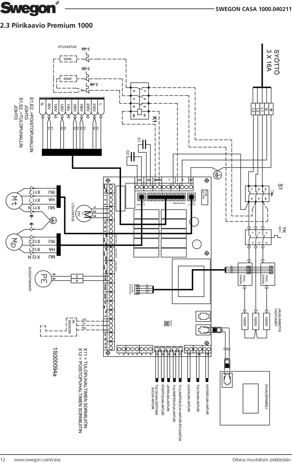 .=TULOPUHALLIN JOHTO S1 SUPPLY FAN TRANFORMER EXHAUST FAN MU HA RU X11 N X11 1 X11 2 FUSE 5A 250V M 1~ 24V LTO-OHITUS X12 2 RU TEMP INPUT 11 12 21 22 31 32 +95 C YK X12 1 X12 N SUODATINVAHTI HA MU 4