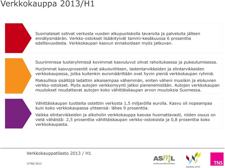 Hurjimmat kasvuprosentit ovat aikuisviihteen, lastentarvikkeiden ja elintarvikkeiden verkkokaupassa, jotka kuitenkin euromääriltään ovat hyvin pieniä verkkokaupan ryhmiä.