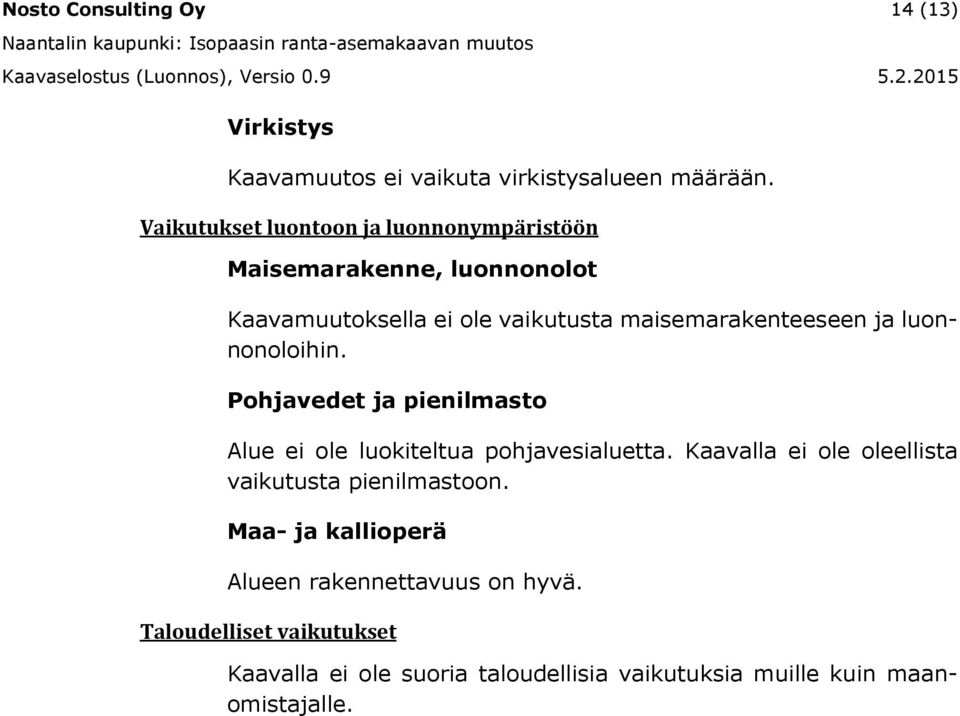 ja luonnonoloihin. Pohjavedet ja pienilmasto Alue ei ole luokiteltua pohjavesialuetta.