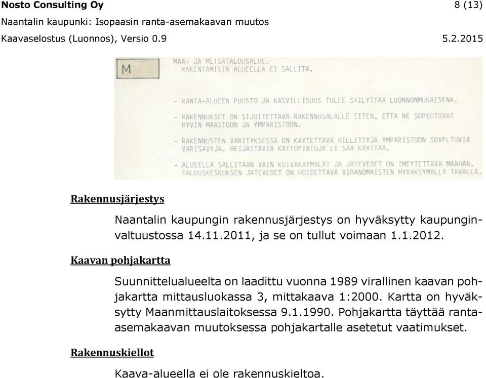 Kaavan pohjakartta Rakennuskiellot Suunnittelualueelta on laadittu vuonna 1989 virallinen kaavan pohjakartta