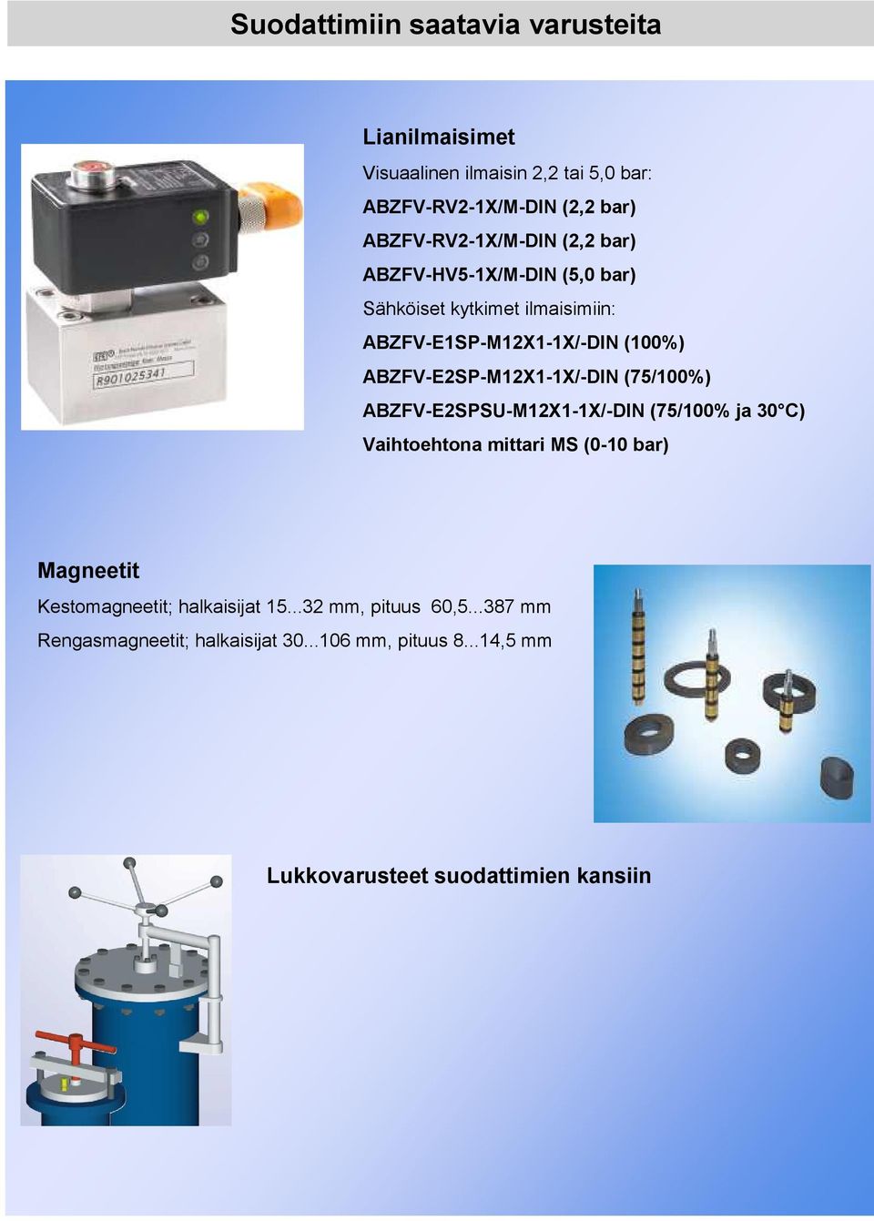 ABZFV-E2SP-M12X1-1X/-DIN (75/100%) ABZFV-E2SPSU-M12X1-1X/-DIN (75/100% ja 30 C) Vaihtoehtona mittari MS (0-10 bar) Magneetit