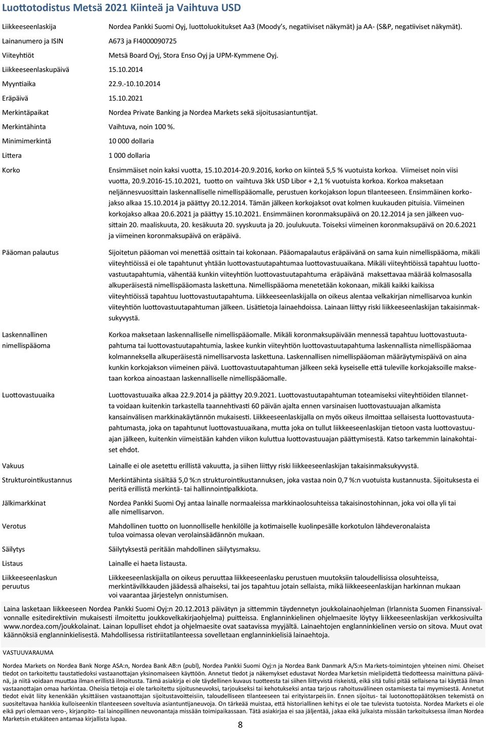 Minimimerkintä Littera Korko Metsä Board Oyj, Stora Enso Oyj ja UPM-Kymmene Oyj. Nordea Private Banking ja Nordea Markets sekä sijoitusasiantuntijat.