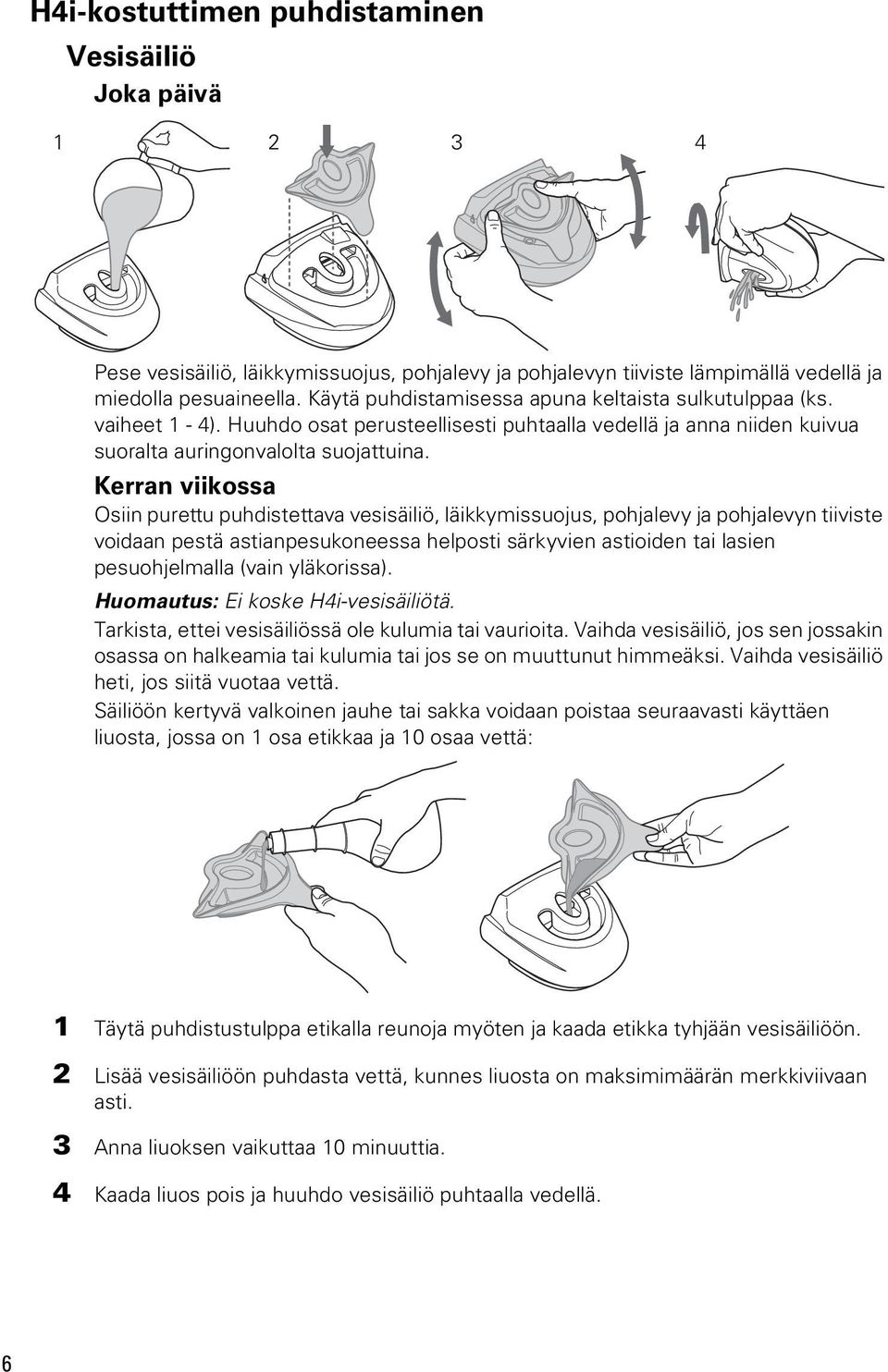 Kerran viikossa Osiin purettu puhdistettava vesisäiliö, läikkymissuojus, pohjalevy ja pohjalevyn tiiviste voidaan pestä astianpesukoneessa helposti särkyvien astioiden tai lasien pesuohjelmalla (vain