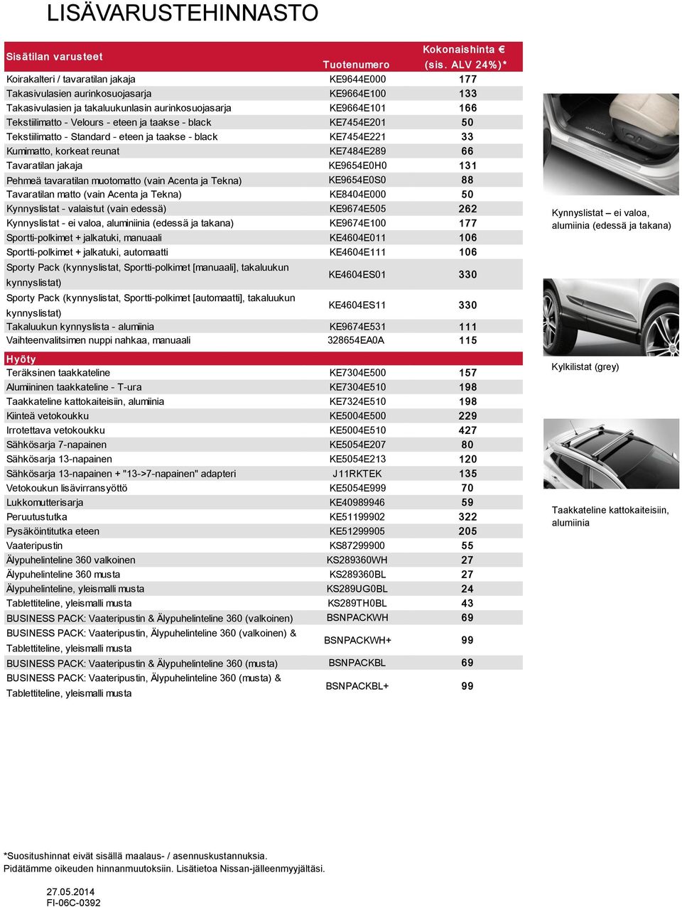 - eteen ja taakse - black KE7454E201 50 Tekstiilimatto - Standard - eteen ja taakse - black KE7454E221 33 Kumimatto, korkeat reunat KE7484E289 66 Tavaratilan jakaja KE9654E0H0 131 Pehmeä tavaratilan