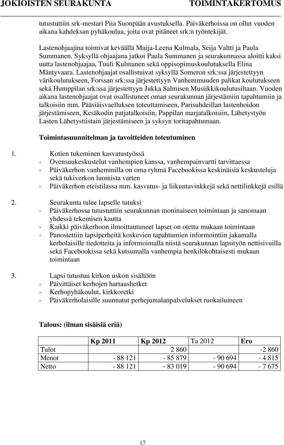 Syksyllä ohjaajana jatkoi Paula Summanen ja seurakunnassa aloitti kaksi uutta lastenohjaajaa, Tuuli Kulmanen sekä oppisopimuskoulutuksella Elina Mäntyvaara.