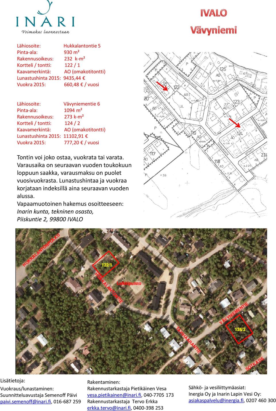 Kortteli / tontti: 124 / 2 Kaavamerkintä: (omakotitontti) Lunastushinta 2015: 11102,91 Vuokra 2015: 777,20 / vuosi Varausaika on