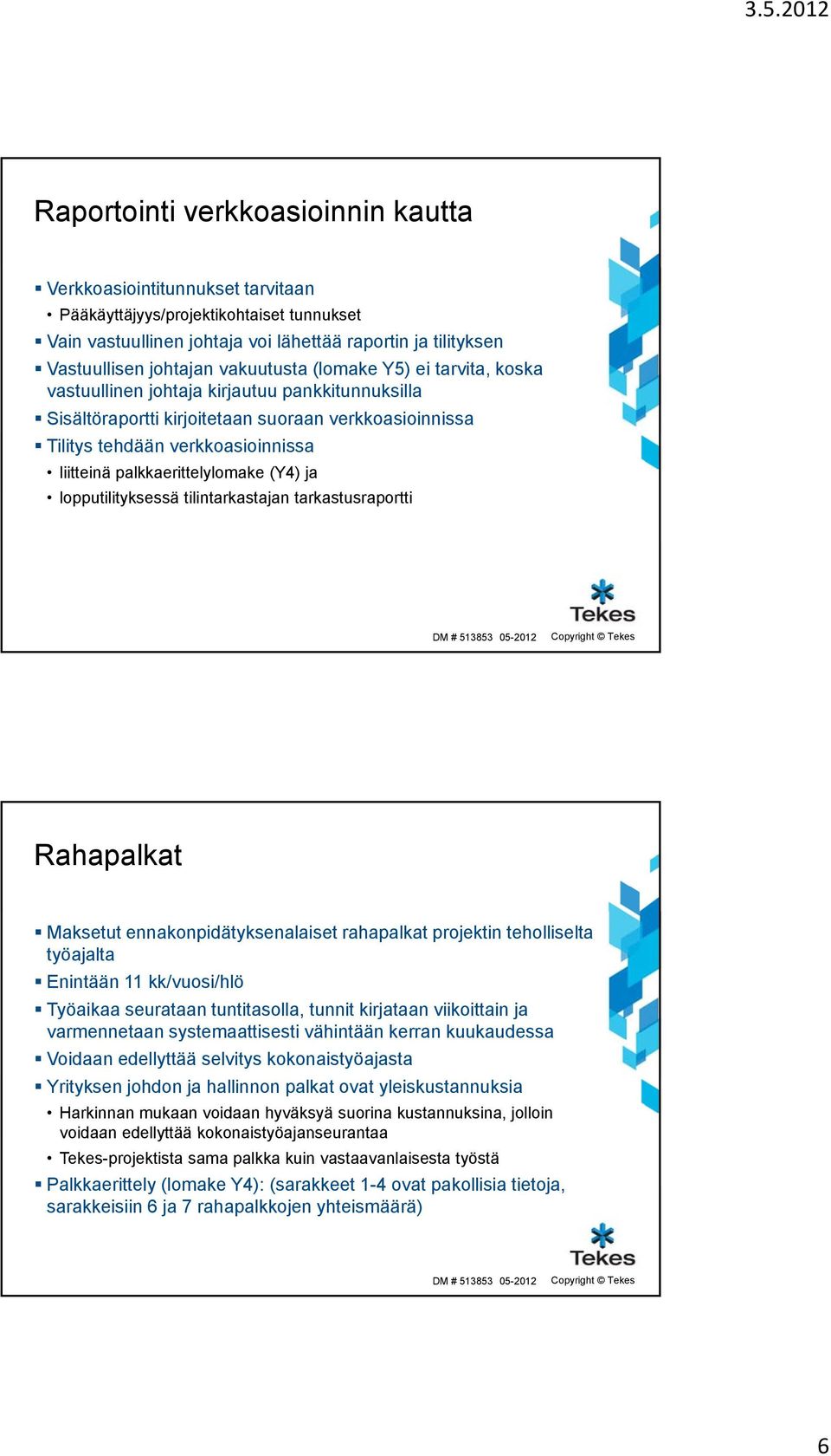 palkkaerittelylomake (Y4) ja lopputilityksessä tilintarkastajan tarkastusraportti Rahapalkat Maksetut ennakonpidätyksenalaiset rahapalkat projektin teholliselta työajalta Enintään 11 kk/vuosi/hlö