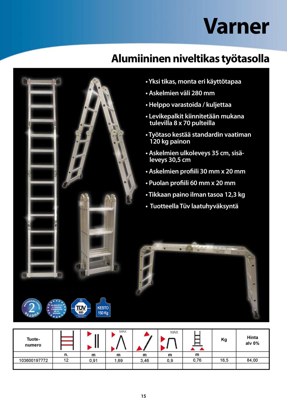 painon Askelien ulkoleveys 35 c, sisäleveys 30,5 c Askelien profiili 30 x 20 Puolan profiili 60 x 20 Tikkaan