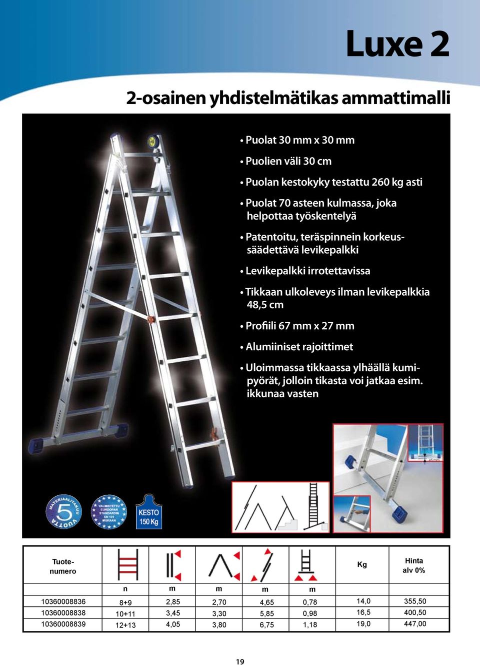 48,5 c Profiili 67 x 27 Aluiiniset rajoittiet Uloiassa tikkaassa ylhäällä kuipyörät, jolloin tikasta voi jatkaa esi.