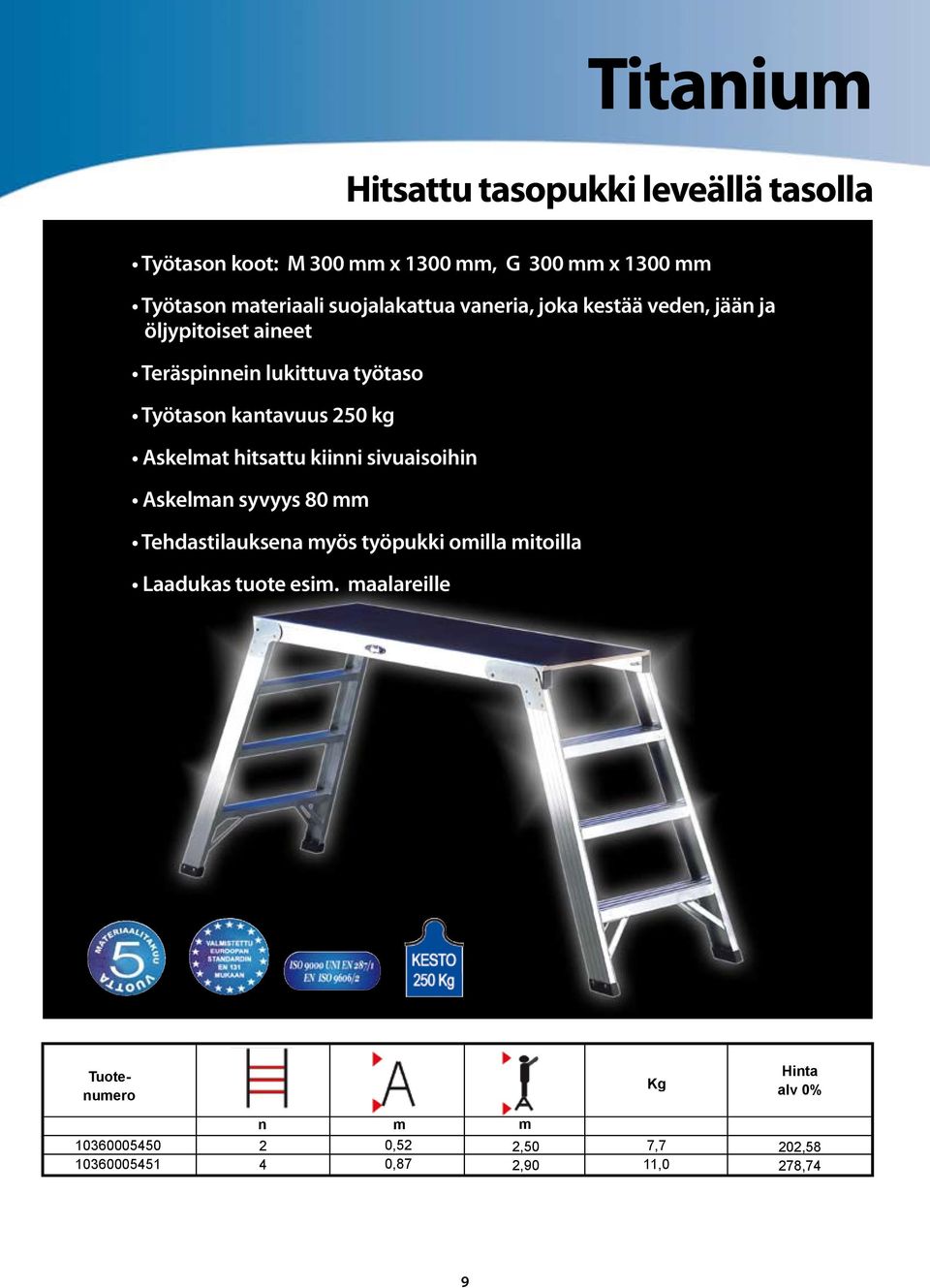 kantavuus 250 kg Askelat hitsattu kiinni sivuaisoihin Askelan syvyys 80 Tehdastilauksena yös työpukki oilla