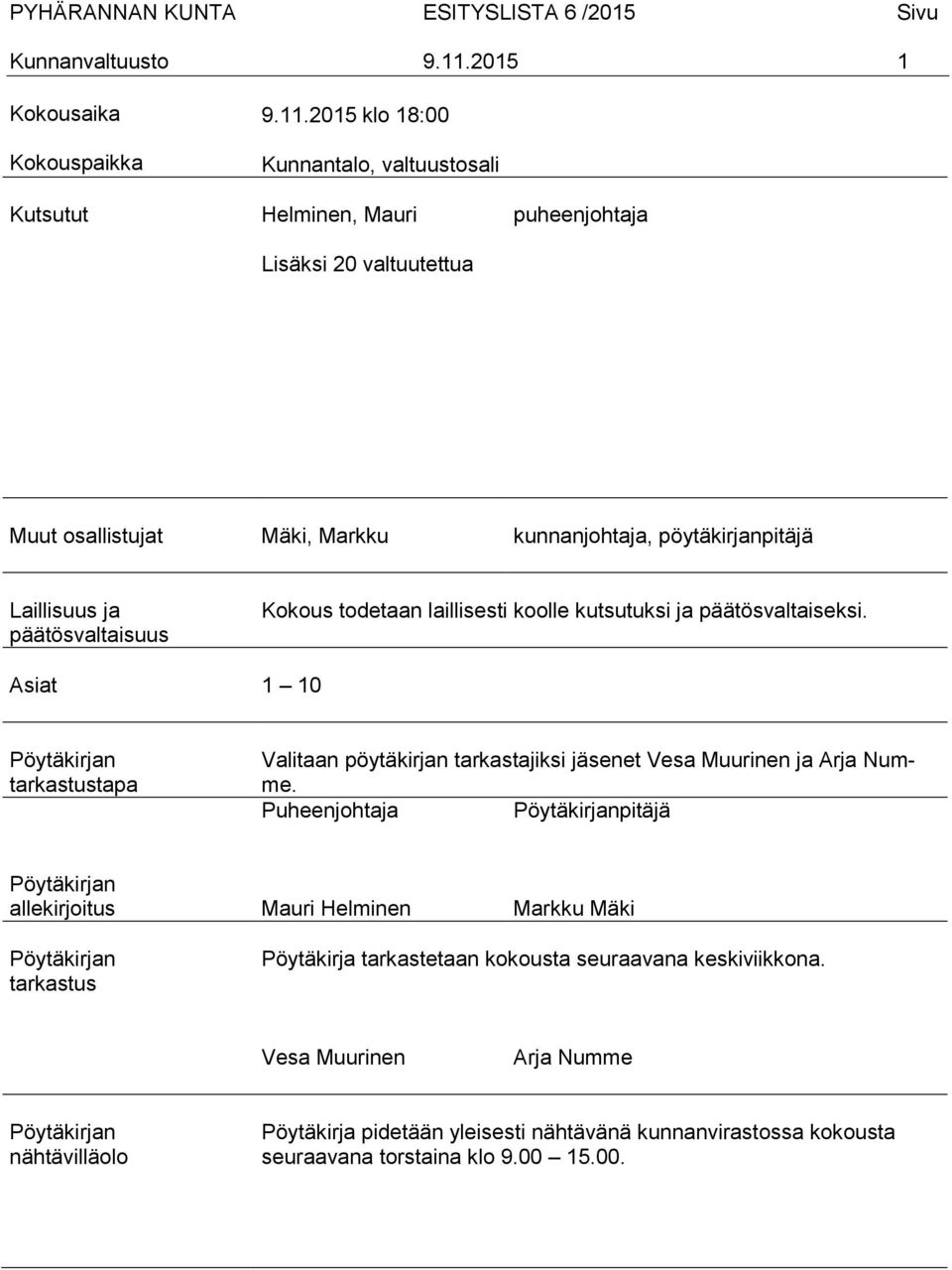 2015 klo 18:00 Kunnantalo, valtuustosali Helminen, Mauri Lisäksi 20 valtuutettua puheenjohtaja Muut osallistujat Mäki, Markku kunnanjohtaja, pöytäkirjanpitäjä Laillisuus ja