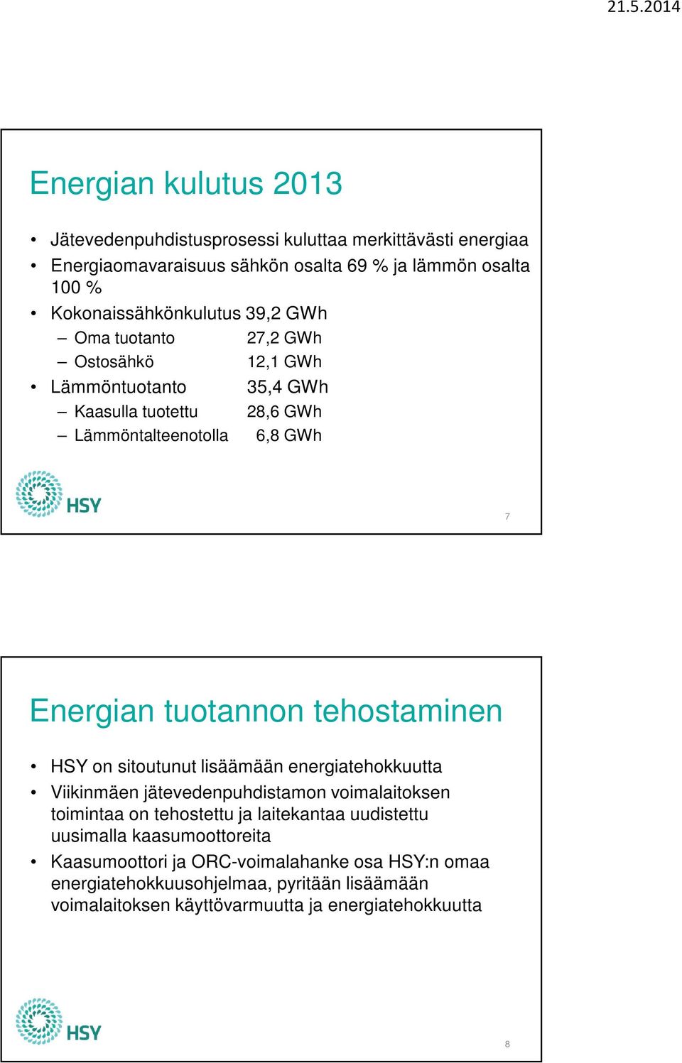 tuotannon tehostaminen HSY on sitoutunut lisäämään energiatehokkuutta Viikinmäen jätevedenpuhdistamon voimalaitoksen toimintaa on tehostettu ja laitekantaa