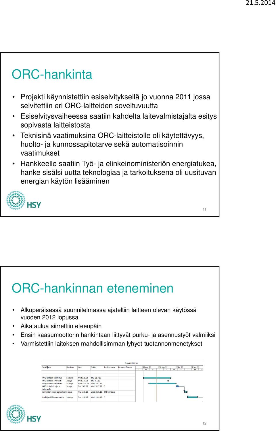 energiatukea, hanke sisälsi uutta teknologiaa ja tarkoituksena oli uusituvan energian käytön lisääminen 11 ORC-hankinnan eteneminen Alkuperäisessä suunnitelmassa ajateltiin laitteen olevan