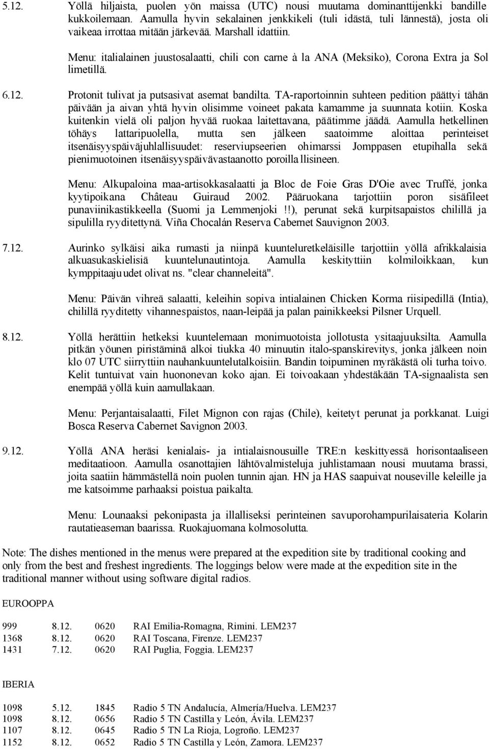 Menu: italialainen juustosalaatti, chili con carne à la ANA (Meksiko), Corona Extra ja Sol limetillä. 6.12. Protonit tulivat ja putsasivat asemat bandilta.