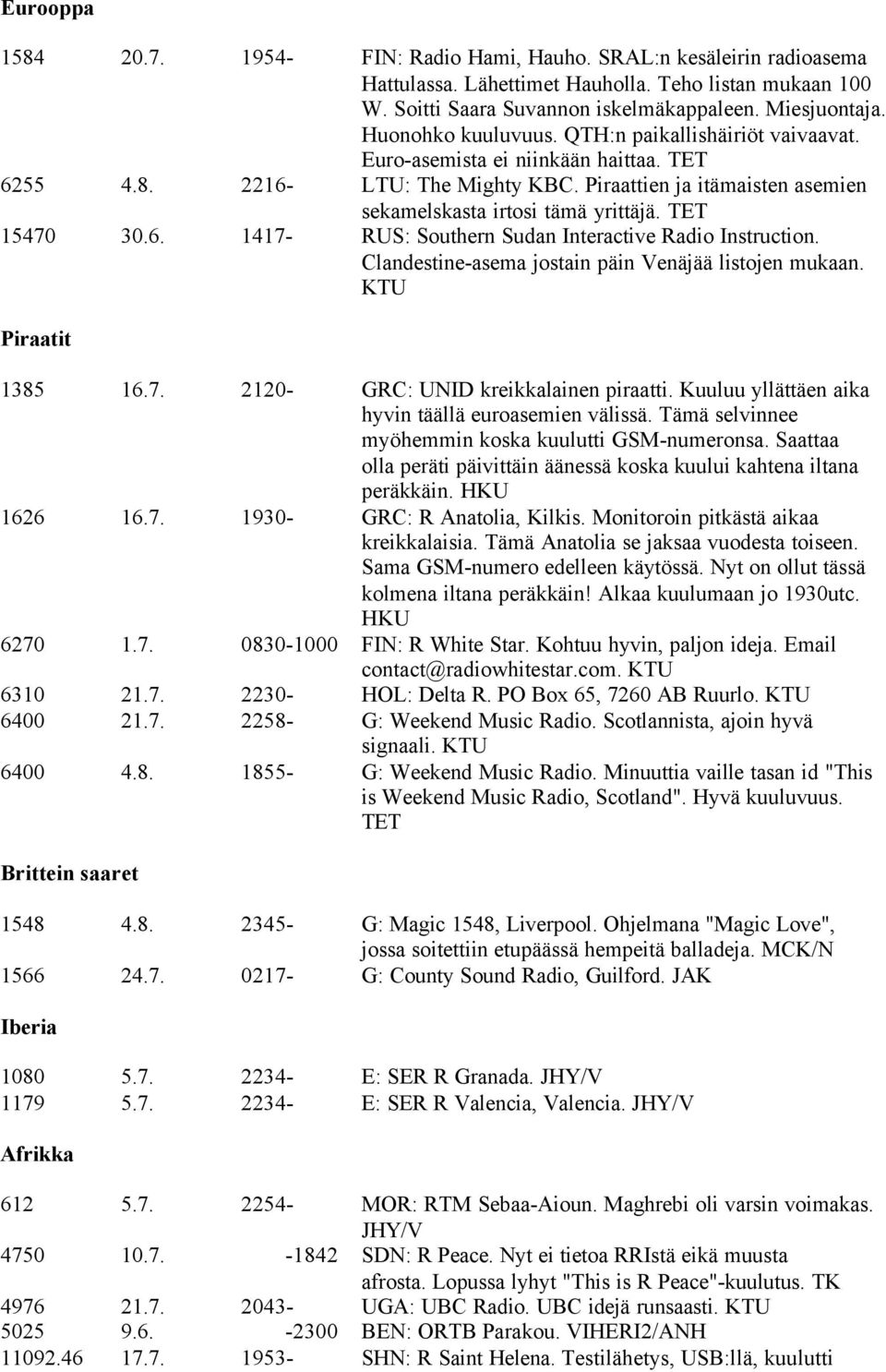 TET 15470 30.6. 1417- RUS: Southern Sudan Interactive Radio Instruction. Clandestine-asema jostain päin Venäjää listojen mukaan. KTU Piraatit 1385 16.7. 2120- GRC: UNID kreikkalainen piraatti.