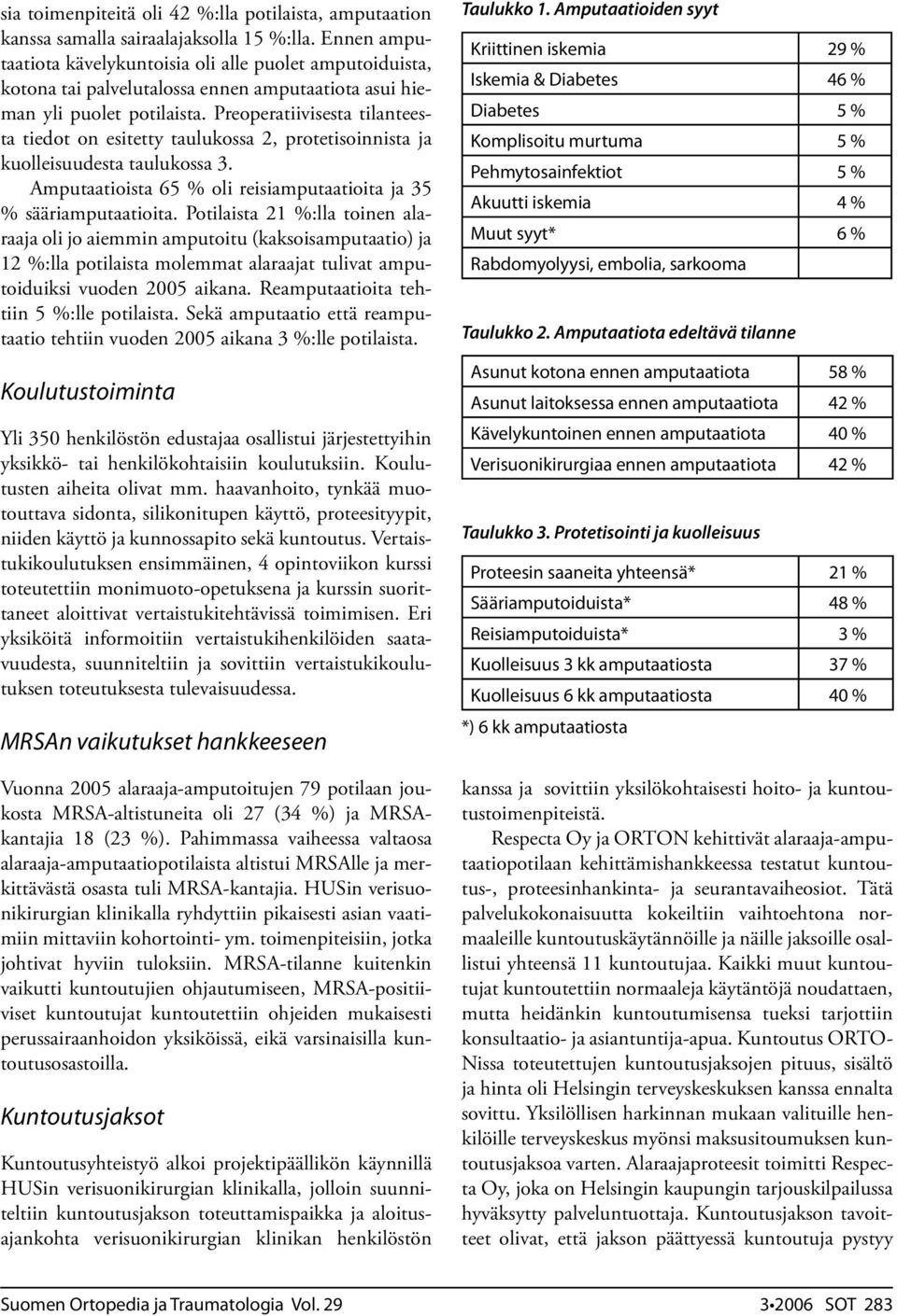 Preoperatiivisesta tilanteesta tiedot on esitetty taulukossa 2, protetisoinnista ja kuolleisuudesta taulukossa 3. Amputaatioista 65 % oli reisiamputaatioita ja 35 % sääriamputaatioita.