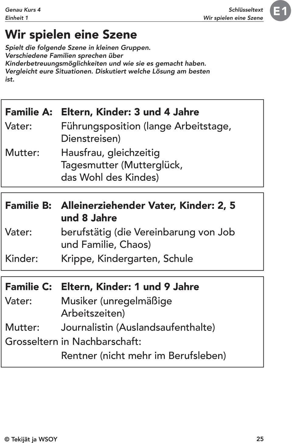 Schlüsseltext Wir spielen eine Szene E1 Familie A: Eltern, Kinder: 3 und 4 Jahre Vater: Führungsposition (lange Arbeitstage, Dienstreisen) Mutter: Hausfrau, gleichzeitig Tagesmutter (Mutterglück, das