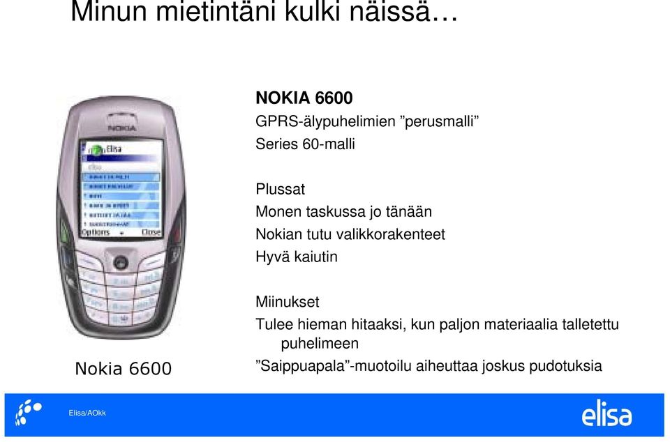 valikkorakenteet Hyvä kaiutin Nokia 6600 Miinukset Tulee hieman hitaaksi,